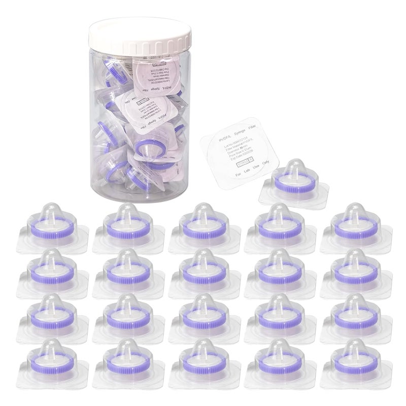 Labfil Sterilized Syringe Filter PVDF 20 Pack, 0.22 um Pore Size, 33 mm Membrane Diameter, Hydrophilic Filtration Sterile Packed Individually - Image 1